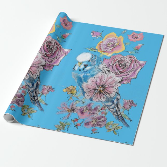 Papel De Regalo Flores de arte de los Rosas de Blue Budgie (Desenrollado)