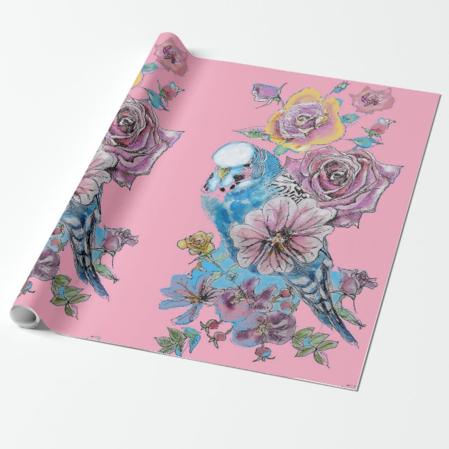 Papel De Regalo Flores de arte de los Rosas de Blue Budgie (Desenrollado)