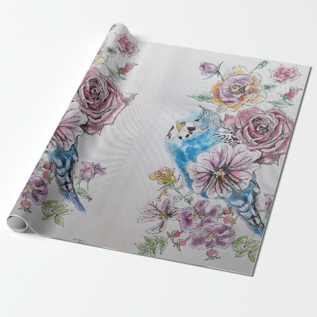 Papel De Regalo Flores de arte de los Rosas de Blue Budgie (Desenrollado)