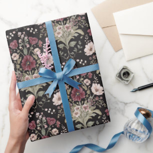 Papel De Regalo Flores de boda con toque de borgoña negro