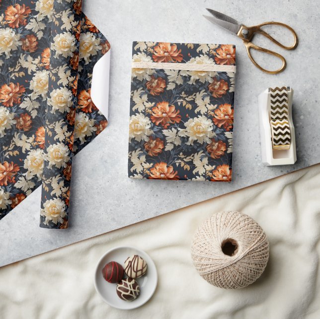Papel De Regalo Flores de boho flojo naranja quemado de cobre de t (Artesanía)