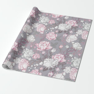 PAPEL DE REGALO FLORES DE CARNE DE COLOR ROSA Y GRIS