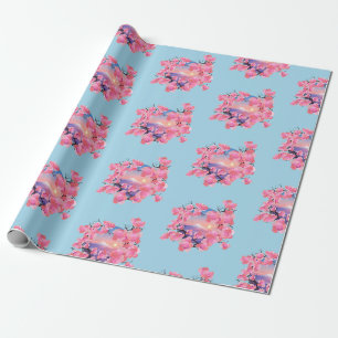 Papel De Regalo Flores de cerezo por el Monte Fuji en azul