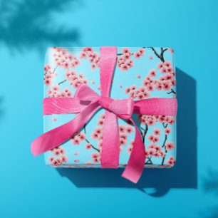 Papel De Regalo Flores de cerezo rosadas elegantes sobre azul ciel