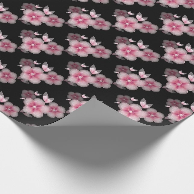 Papel De Regalo flores de cerezo rosadas en negro (Esquina)