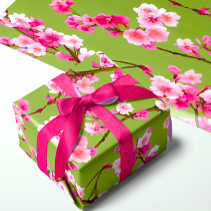 Papel De Regalo Flores de cerezo rosadas sobre verde chartreuse
