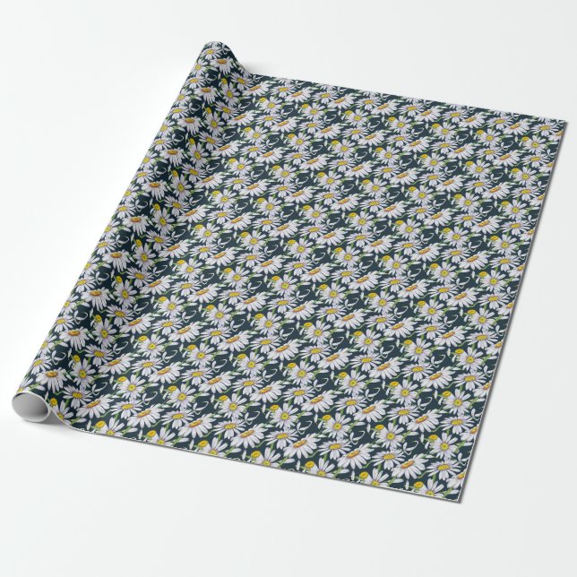 Papel De Regalo Flores De Chamomile: Acuarela Azul Oscuro. (Desenrollado)