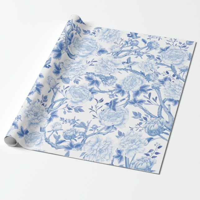Papel De Regalo Flores de Chinoiserie azul blanco pájaros Porcelan (Desenrollado)