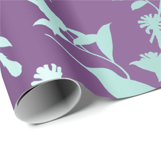 Papel De Regalo Flores de colibrí azul morado Aqua (Esquina del rollo)