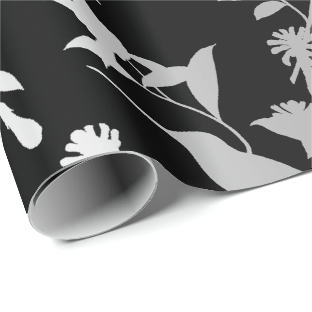 Papel De Regalo Flores de colibrí metálico gris plateado negro (Esquina del rollo)