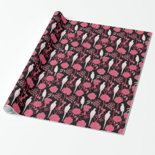 PAPEL DE REGALO FLORES DE COLOR ROSA ART DECO, PARROS BLANCOS EN N