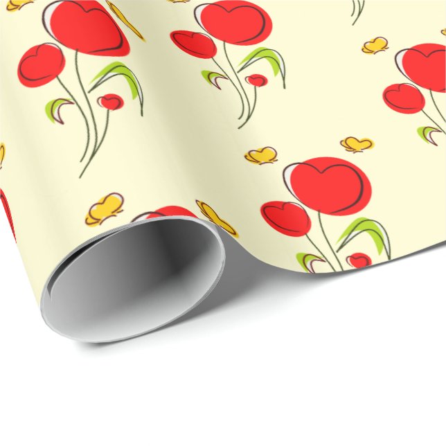 Papel De Regalo Flores de corazón rojo y mariposas amarillas (Esquina del rollo)