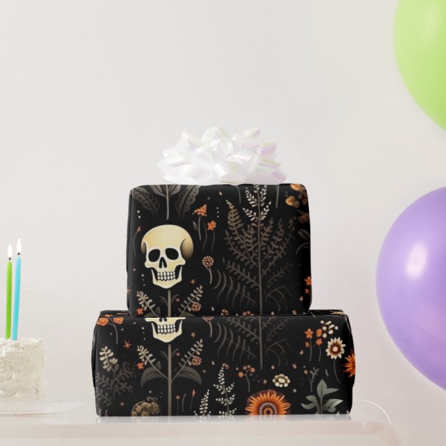 Papel De Regalo Flores de cráneo y vegetación Halloween negro (Regalos de fiesta)