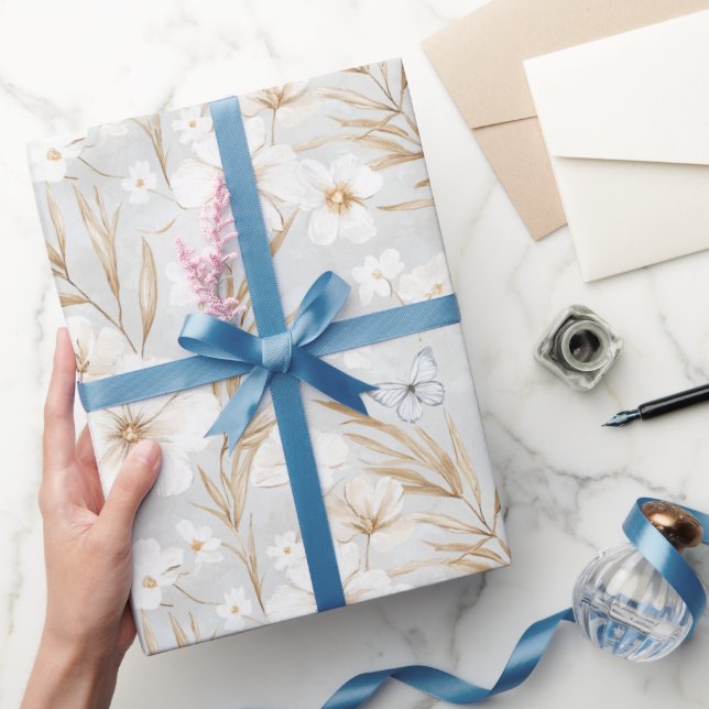 Papel De Regalo Flores de crema blanca mariposas azules Baby Showe (Regalar)