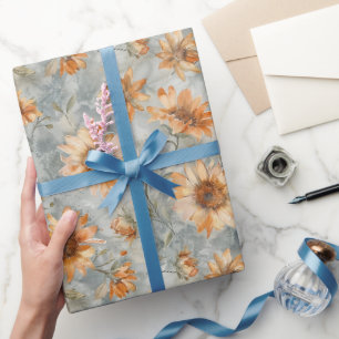 Papel De Regalo Flores de Crema de Naranja Azul para Desayuno Nupc