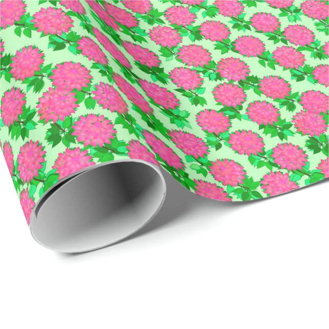 Papel De Regalo Flores de Dahlia en rosa fucsia (Esquina del rollo)