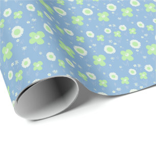 Papel De Regalo Flores De Daisy Pastel Blanco Verde Sobre Azul Pas