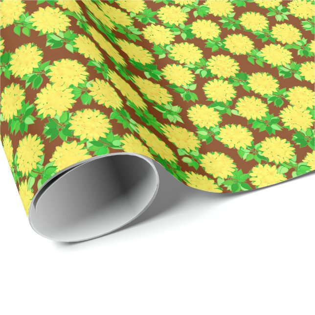 Papel De Regalo Flores de dalia en amarillo y chocolate (Esquina del rollo)