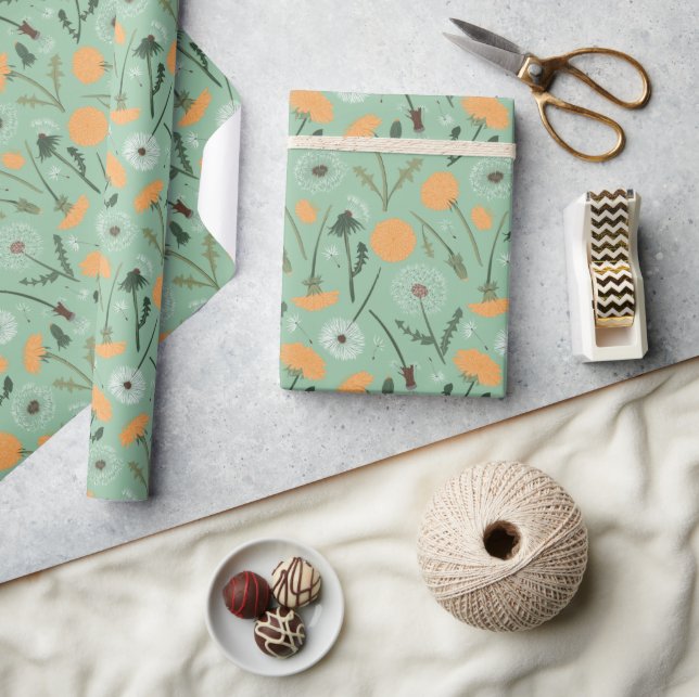 Papel De Regalo Flores de Diente de León Patrón Floral Naranja (Artesanía)