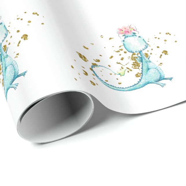 Papel De Regalo *~* Flores de dinosaurios azules dulces (Esquina del rollo)