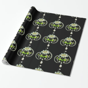 PAPEL DE REGALO FLORES DE ENAMEL BLANCO, PERLAS Y DIAMANTES JEWEL
