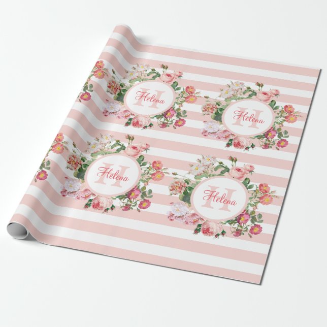 Papel De Regalo Flores de época Bandas rosas Monograma (Desenrollado)