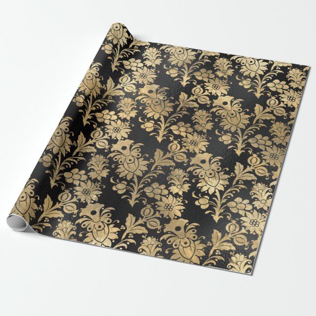 Papel De Regalo Flores de esténcil de oro en negro (Desenrollado)