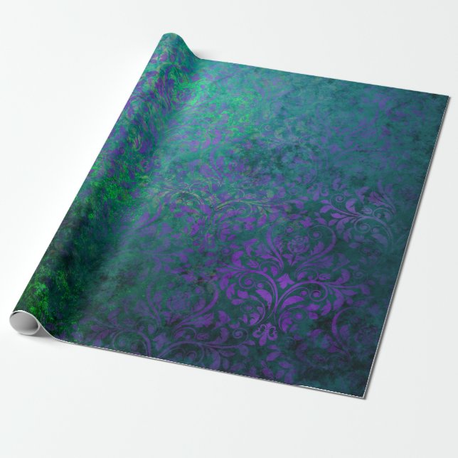 Papel De Regalo Flores de esténcil morado en verde (Desenrollado)