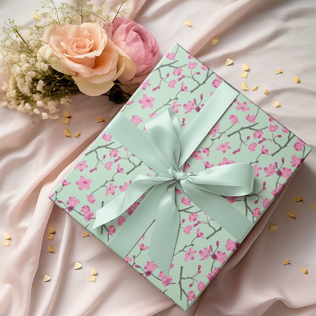 Papel De Regalo Flores de flores de cerezo verde rosa y menta (Subido por el creador)