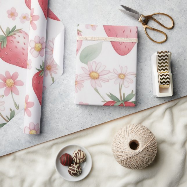 Papel De Regalo Flores de fresa rosa Fiesta de cumpleaños para ell (Artesanía)