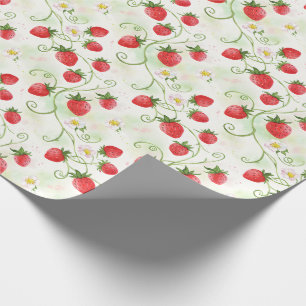 Papel De Regalo Flores de Fresa y Bayas Estilo Acuarela