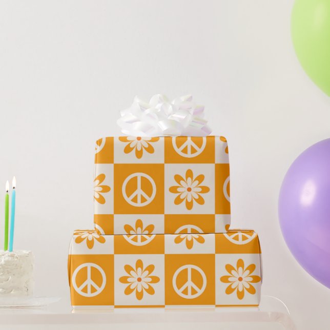 Papel De Regalo Flores de Groovy Naranja y señales de paz verifica (Regalos de fiesta)