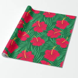 Papel De Regalo Flores de Hibisco Rojo sobre Patrón de Hojas Tropi