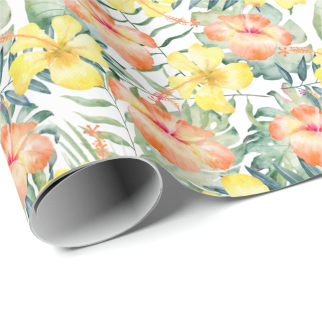 Papel De Regalo Flores de Hibiscus Amarillo Tropical Peach (Esquina del rollo)