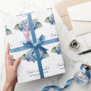 Papel De Regalo Flores de Hortensias Acuarela Azul