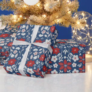 Papel De Regalo Flores de invierno escandinavas rojas y azules