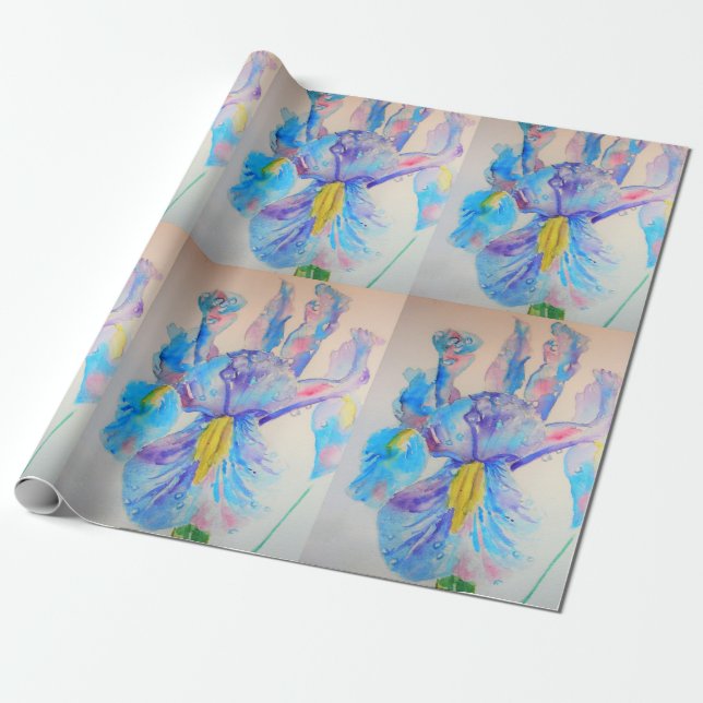 Papel De Regalo Flores de iris azules flores de arte Acuarela Envo (Desenrollado)