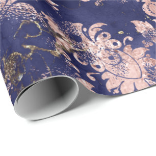 Papel De Regalo Flores de la Marina Azul Rosa Azul Flores De Cabañ