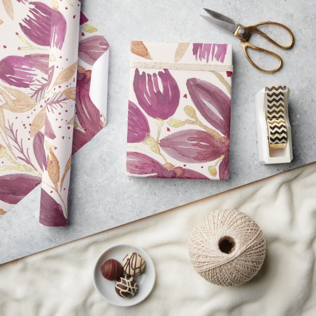 Papel De Regalo Flores de la Pasión, Acuarela Burdeos y Dorado (Artesanía)