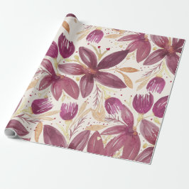 Papel De Regalo Flores de la Pasión, Acuarela Burdeos y Dorado