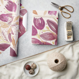 Papel De Regalo Flores de la Pasión, Burgundy y Oro Acuarela