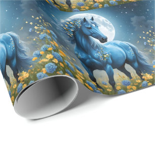 Papel De Regalo Flores de luna de caballo mágico azul,