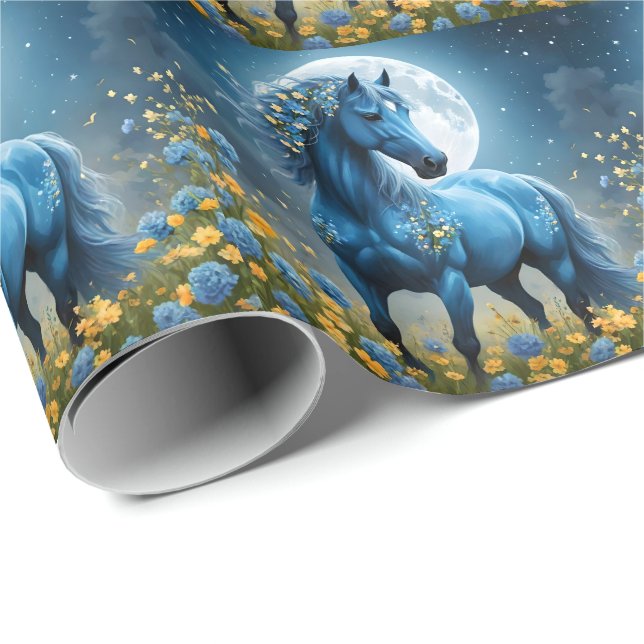 Papel De Regalo Flores de luna de caballo mágico azul, (Esquina del rollo)