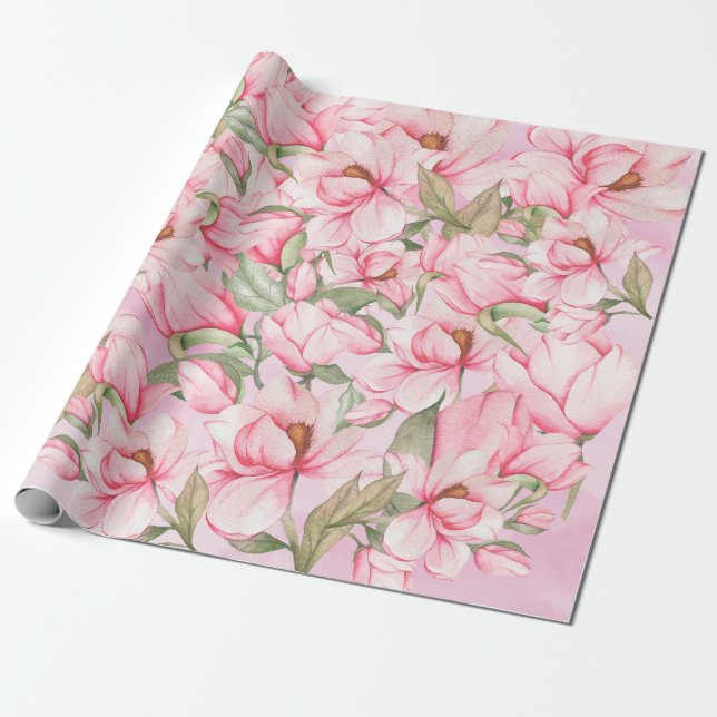 Papel De Regalo Flores de magnolia de primavera rosada (Desenrollado)