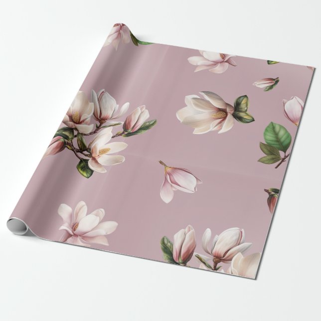 Papel De Regalo Flores de Magnolia del Sur Patrón Malva (Desenrollado)