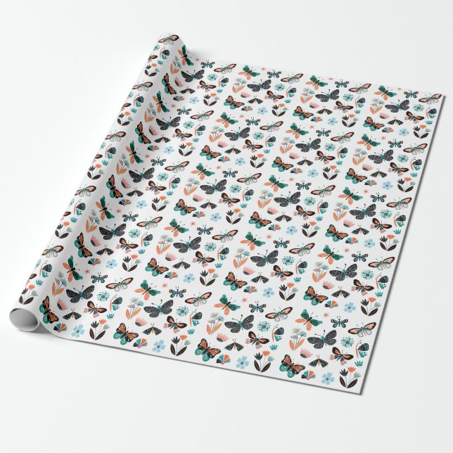 Papel De Regalo Flores de mariposas: Colección de manos dibujadas (Desenrollado)