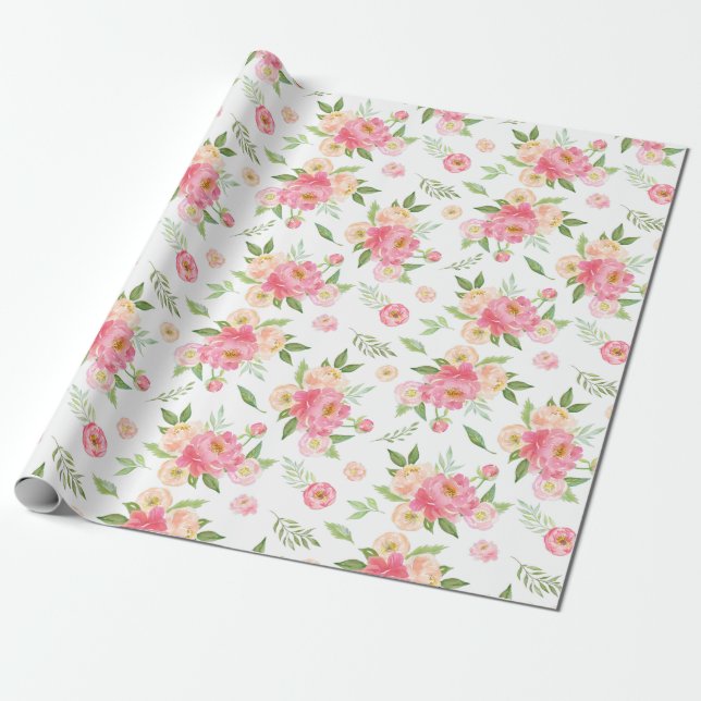 Papel De Regalo Flores de melocotón rosa y rosa (Desenrollado)