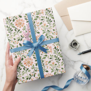 Papel De Regalo Flores de Melocotón Rosado Hojas Verdes