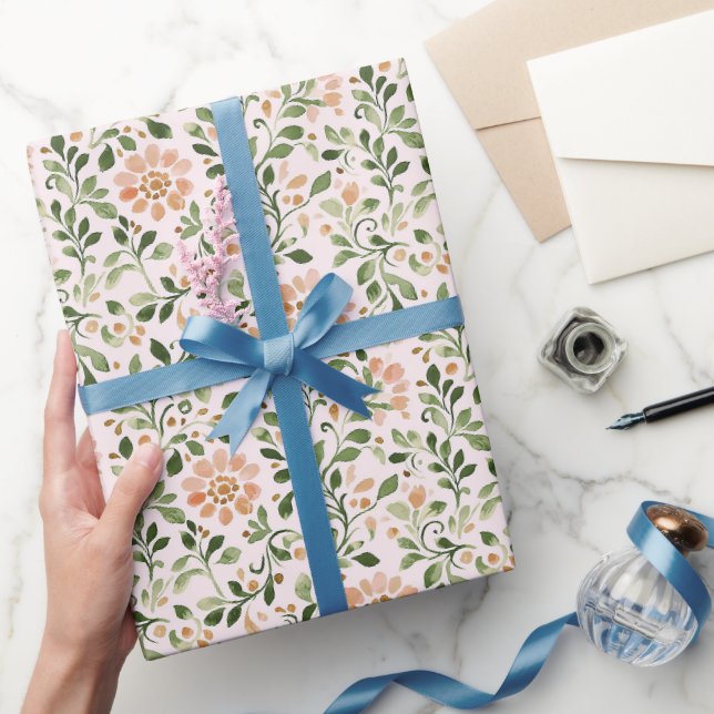 Papel De Regalo Flores de Melocotón Rosado Hojas Verdes (Regalar)