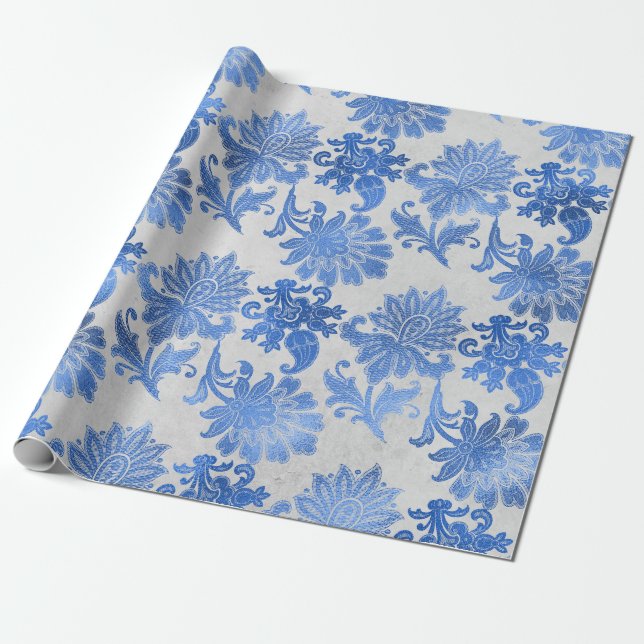 Papel De Regalo Flores de naranjo azules en blanco (Desenrollado)